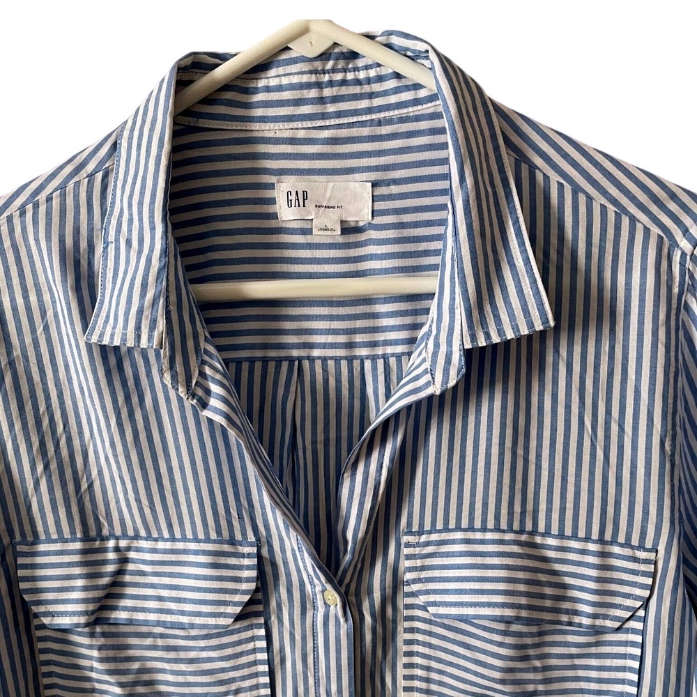 GAP Boyfriend Fit Blue White Striped Rayon Button Down Shirt Womens Large - Picture 3 of 7